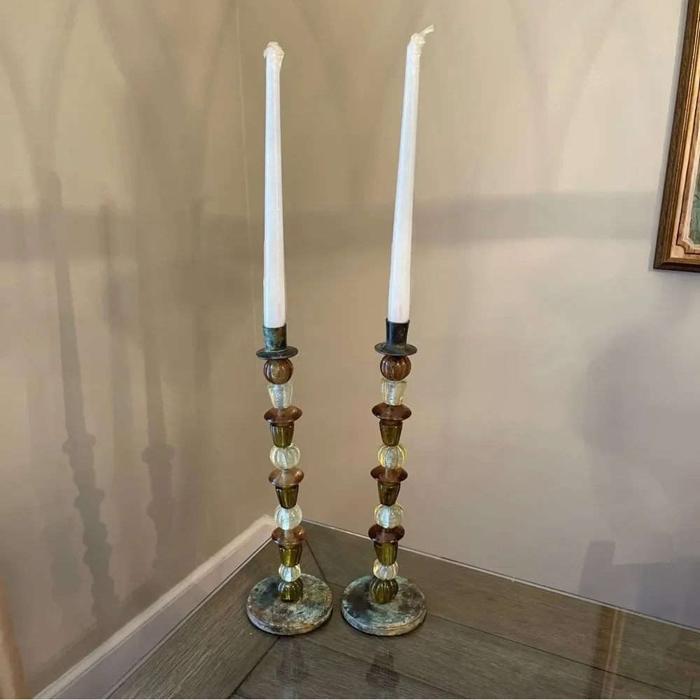 Zodax Candle Stick Holder Set of Green and Amber Glass Beads Bohemian